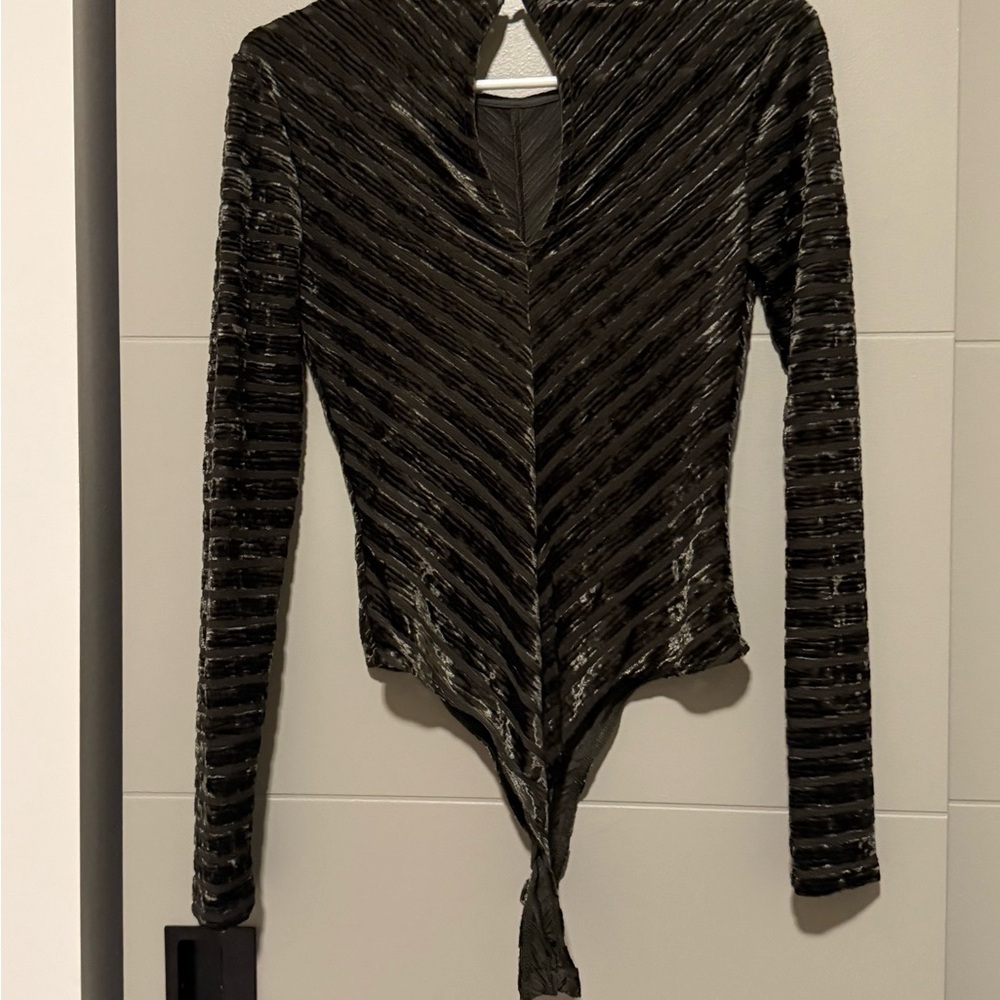 Save the Date Olive Green Velvet Striped Long Sleeve Bodysuit - Picture 4 of 6